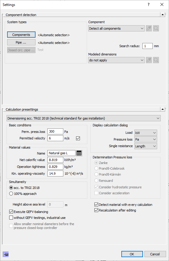 Dialog Settings for calculation Gas in the LINEAR Solutions for Autodesk AutoCAD