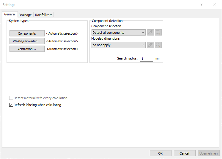 Dialog settings siphonic drainage Linear Revit