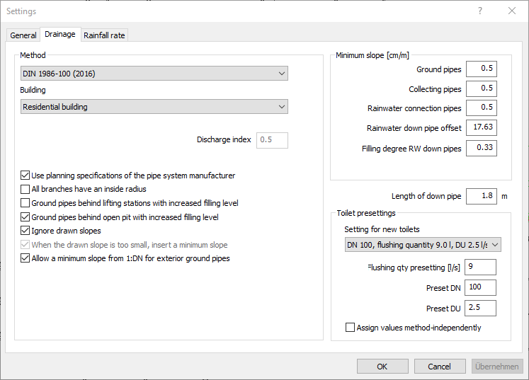 Dialog settings drainage Linear Revit