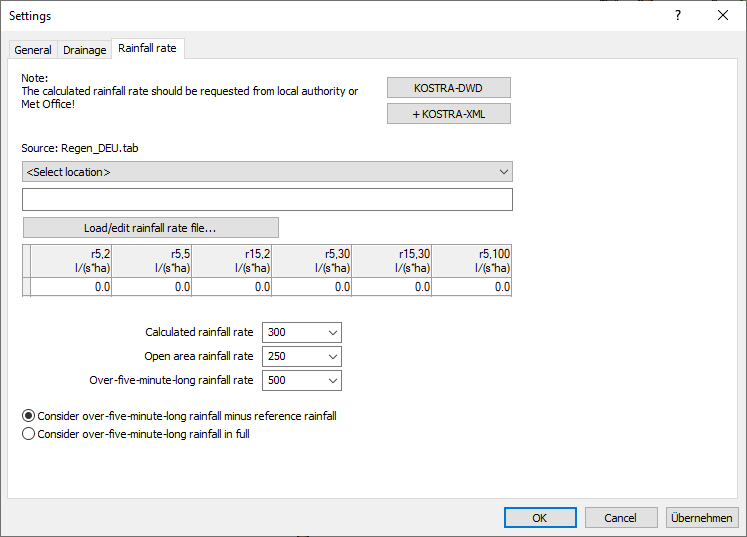 Dialog settings rainfall rate Linear Revit