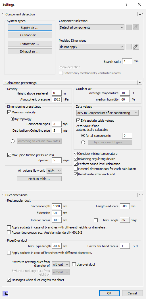 Dialog Settings for calculation Gas in the LINEAR Solutions for Autodesk AutoCAD