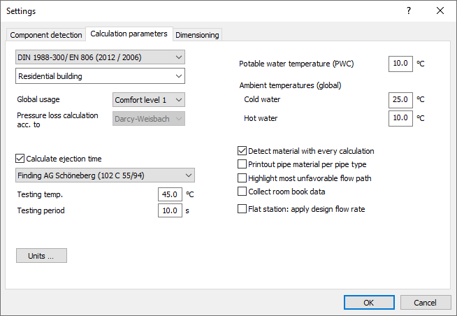 Calculation parameters section Linear