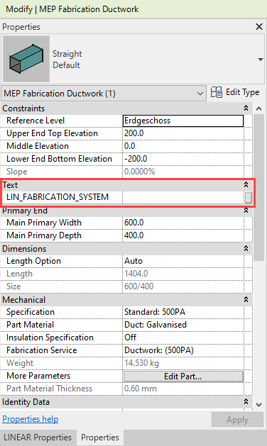 Fabrication parameter Linear Revit