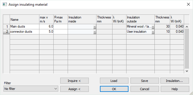 Assign insulating material dialog in the LINEAR Solutions for Autodesk Revit