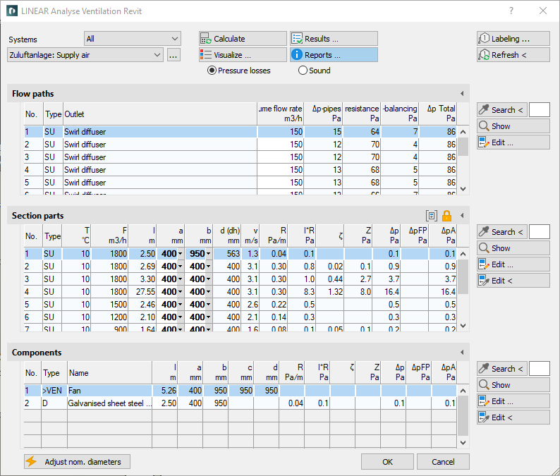 Calculation dialog Analyse Linear Revit