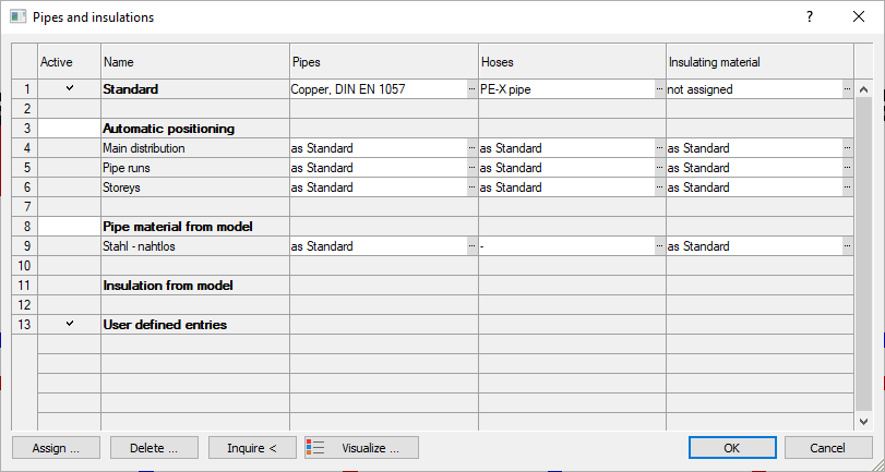 “Pipes and insulation” dialog in LINEAR Solutionsfor Autodes Revit