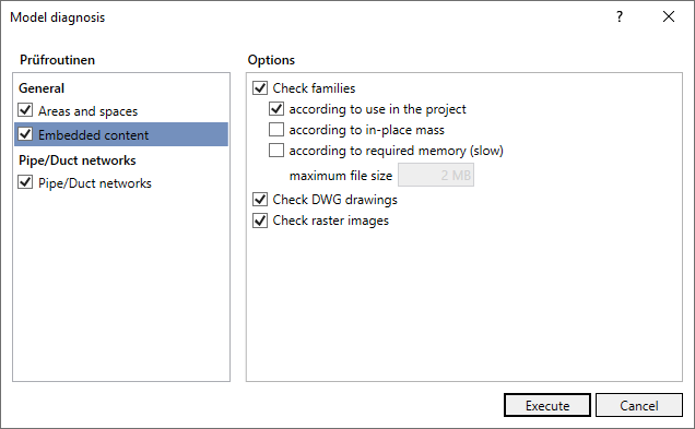 Dialog Model diagnosis Linear Revit