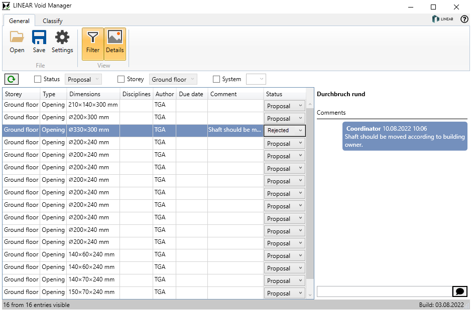 Classify tab Linear Void Manager