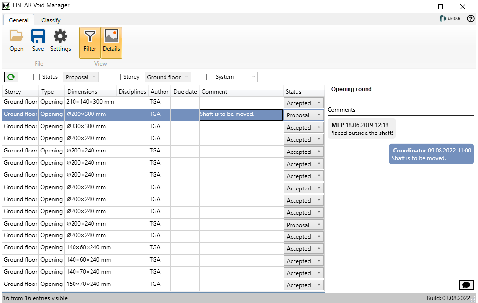 Tab general Linear Void Manager