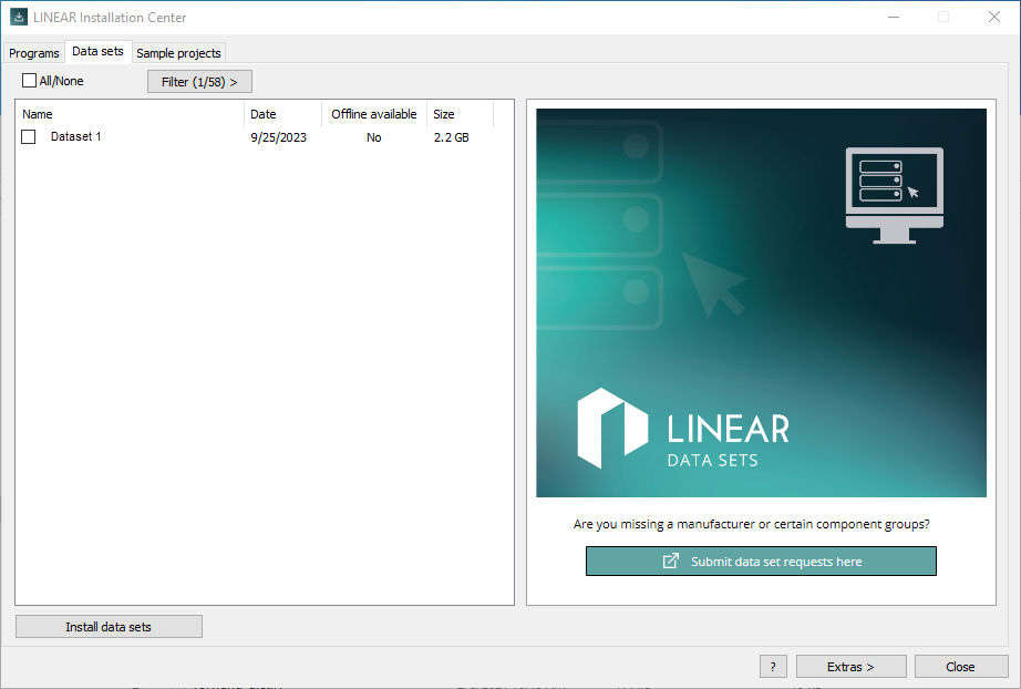 User interface data sets Linear Installation Center