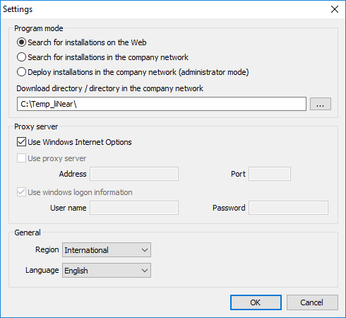 Dialog settings Linear Installation Center