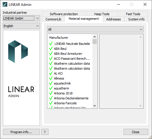 Tab Material management LINEAR Admin