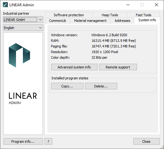 System info Linear Admin