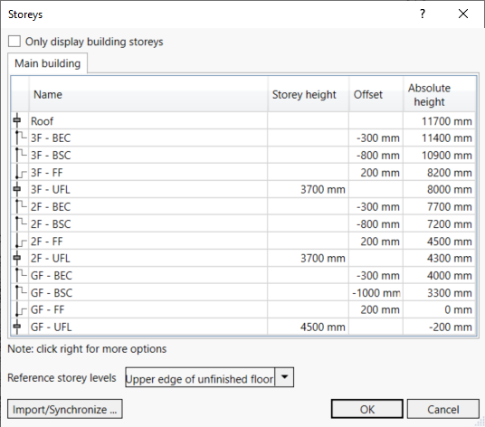 Dialog storeys Linear Revit