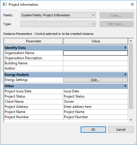 Project information dialog Linear Revit